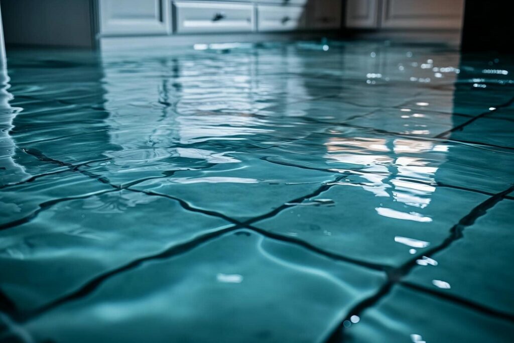 Water flooding a tiled floor inside a room with cabinets in the background.