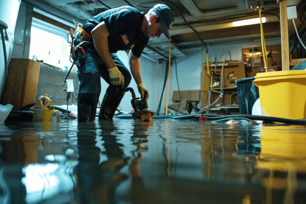 Worker in rubber boots using a pump to remove floodwater from a flooded basement.