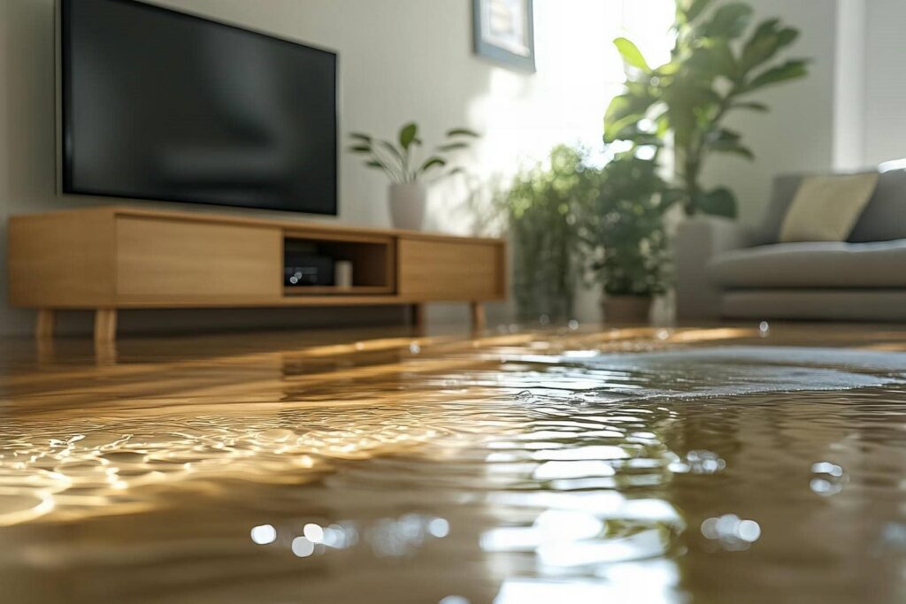 Water flooding a living room with a TV, wooden cabinet, plants, and a sofa in the background.