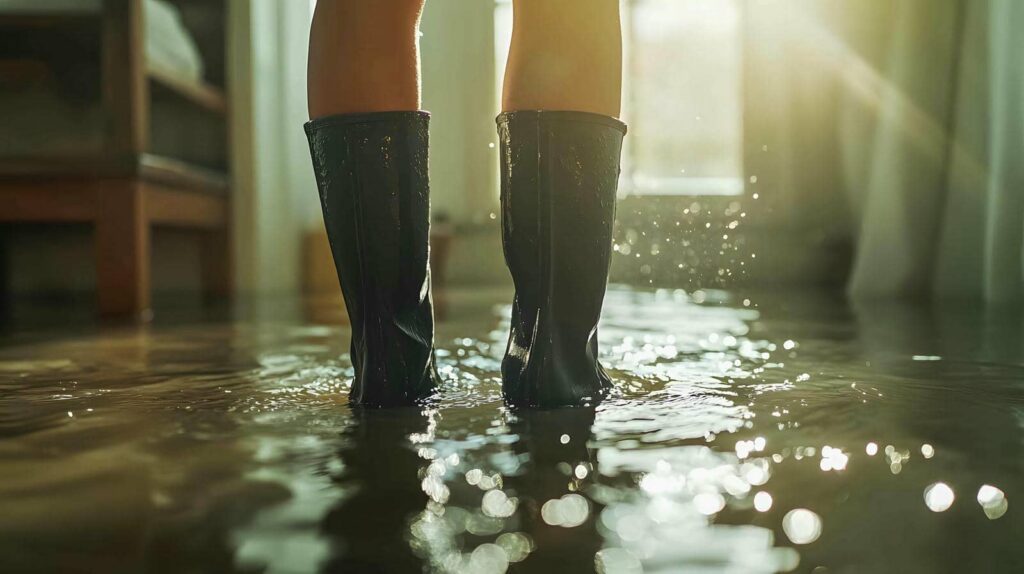 Legs wearing black rain boots standing in a flooded room with sunlight streaming in.