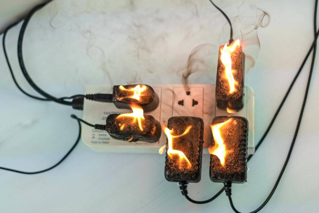 Multiple electrical adapters plugged into a power strip are on fire with visible flames and smoke.