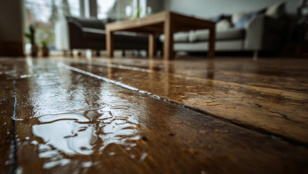 Water pooled on a wooden floor in a living room with a coffee table and sofas in the background.