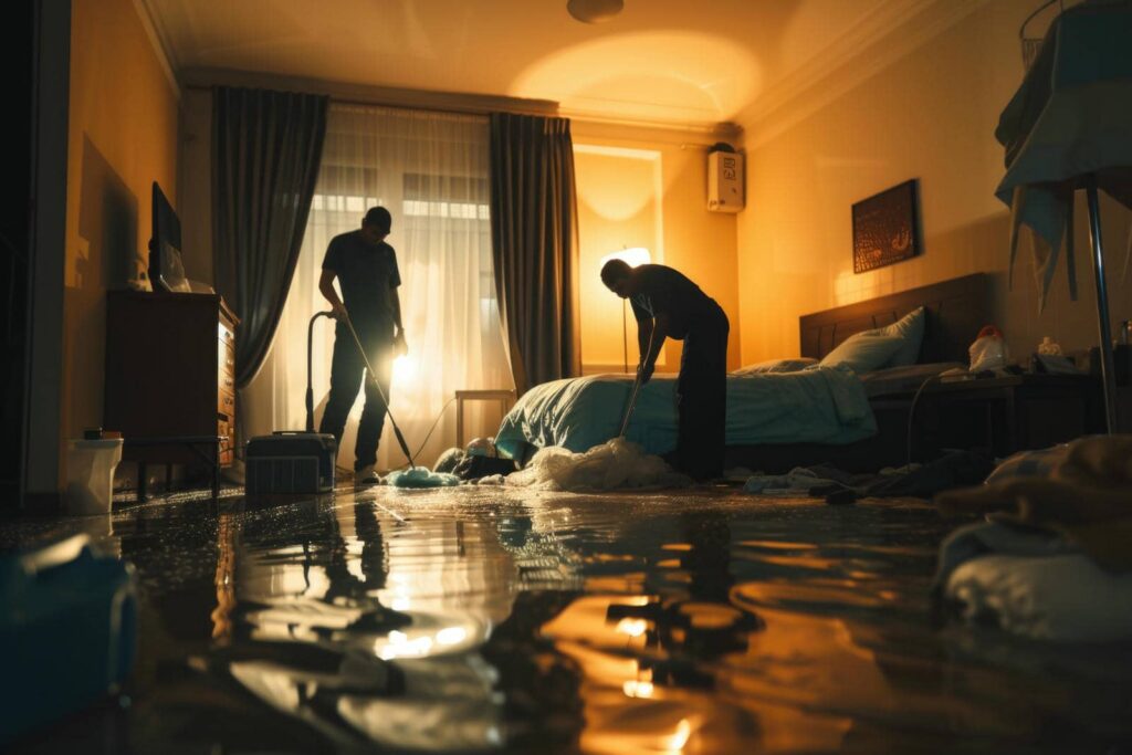 Two people mopping a flooded bedroom floor with water reflecting the warm light.