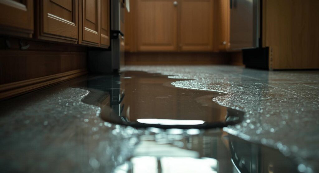Water pooled on a kitchen floor near wooden cabinets and appliances.
