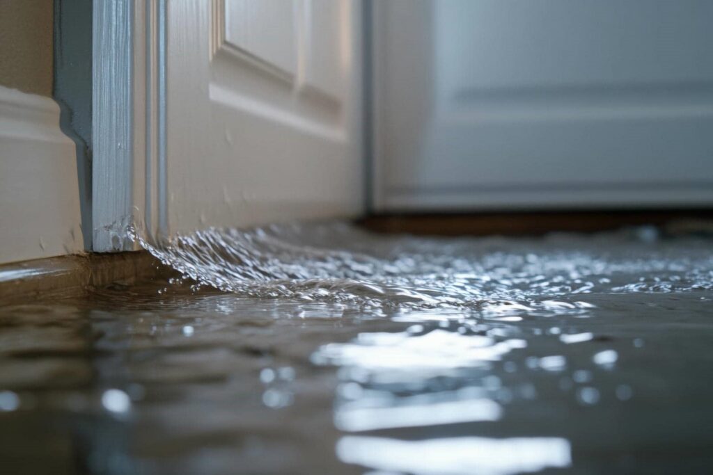 Water flooding and flowing under a closed door inside a building.