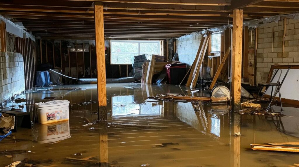 Flooded basement with standing water and scattered debris.