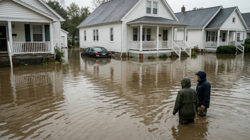 Two people in rain jackets wade through floodwater surrounding houses and a partially submerged car.