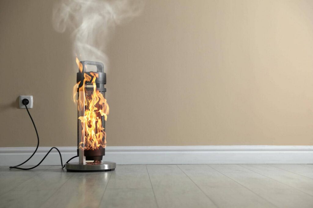 An electric heater is on fire with flames and smoke near a beige wall and is plugged into an outlet.