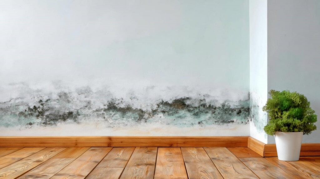 Mold growth along the base of a white wall in a room with wooden flooring and a potted green plant.