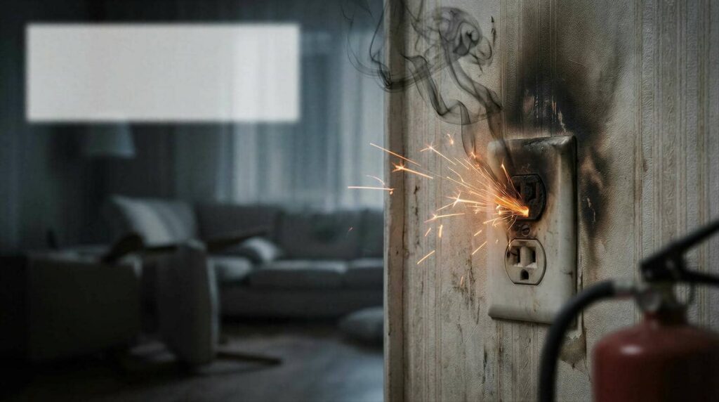 Sparks and smoke are coming from a burnt electrical outlet on a wall with a fire extinguisher nearby.