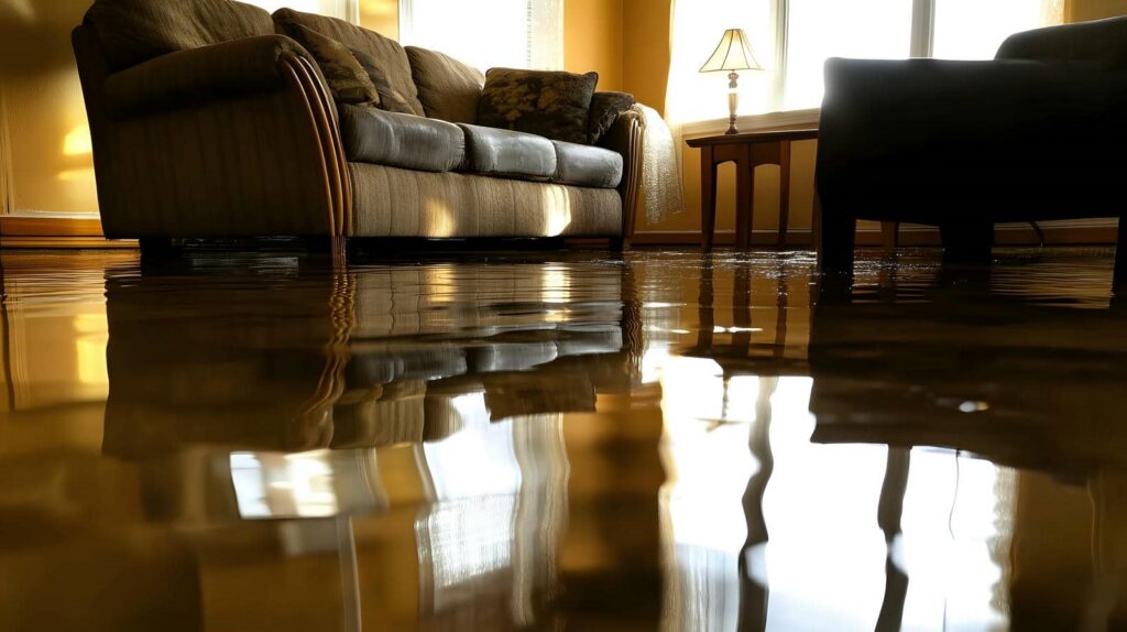 Living room with water flooding the floor, reflecting furniture and a lamp.