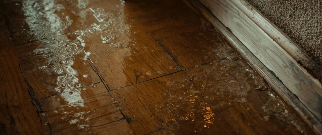 Water pooled on a wooden floor near a baseboard with visible damage.