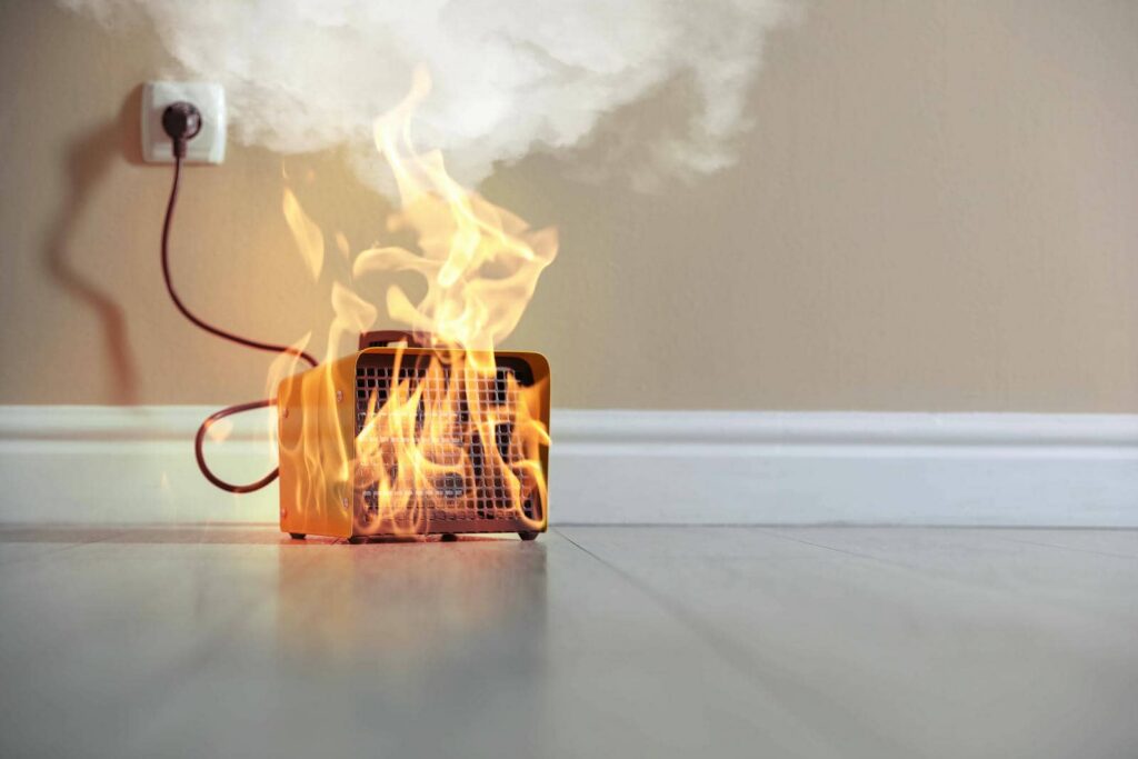 Electric heater on fire with flames and smoke near a wall outlet on a wooden floor.