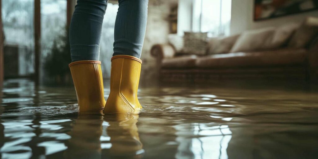 Person wearing yellow rain boots standing in a flooded living room with water covering the floor.