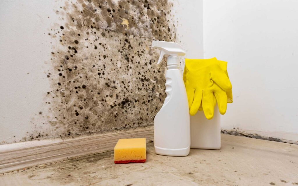 Black mold growing on a wall next to cleaning spray bottles, a sponge, and yellow rubber gloves.