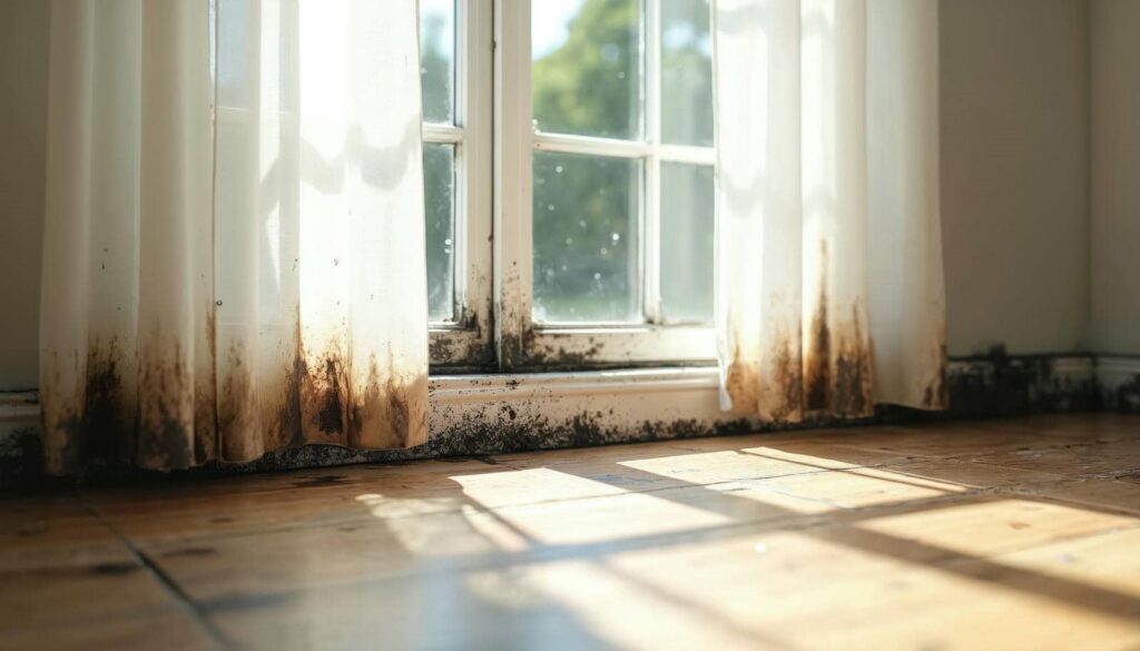 Curtains and window frame stained with mold near a sunlit wooden floor.