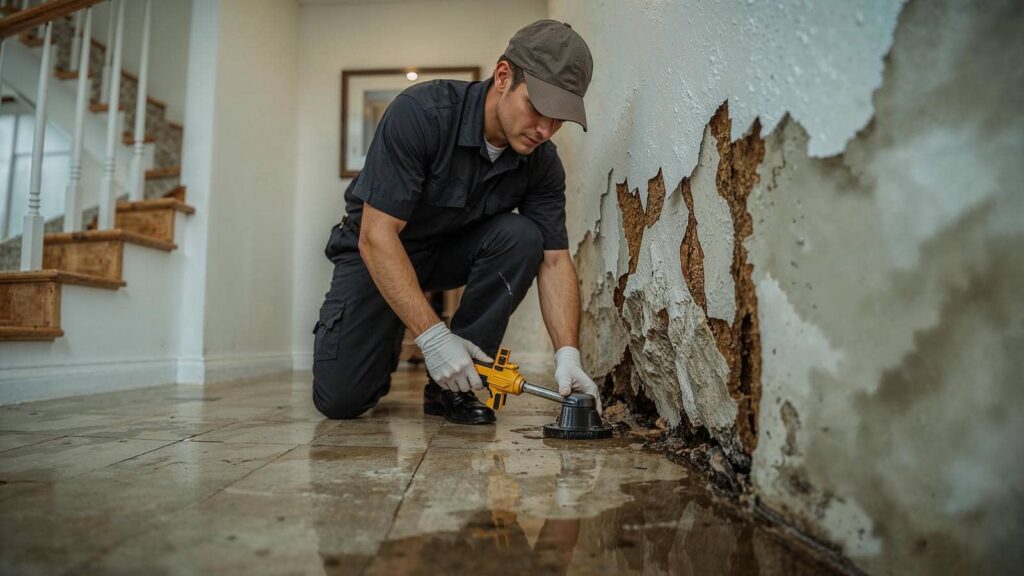 Technician inspecting water damage and peeling paint on an interior wall near a flooded floor.