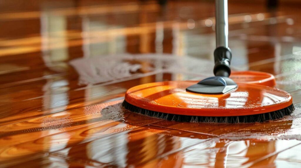 Close-up of an orange floor scrubber cleaning a wet wooden floor with soap suds.