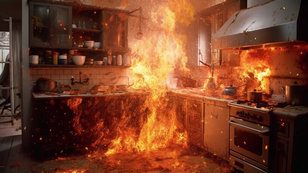 Kitchen engulfed in large flames and fire spreading across countertops and stove.