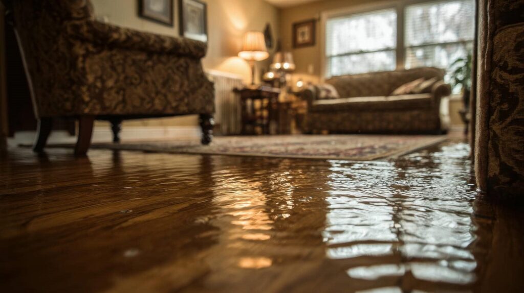Water flooding a living room with furniture and a rug visible in the background.