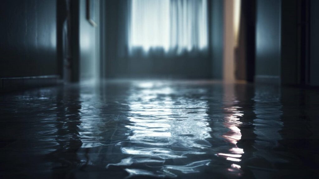 Flooded indoor hallway with water covering the floor reflecting light from a window.