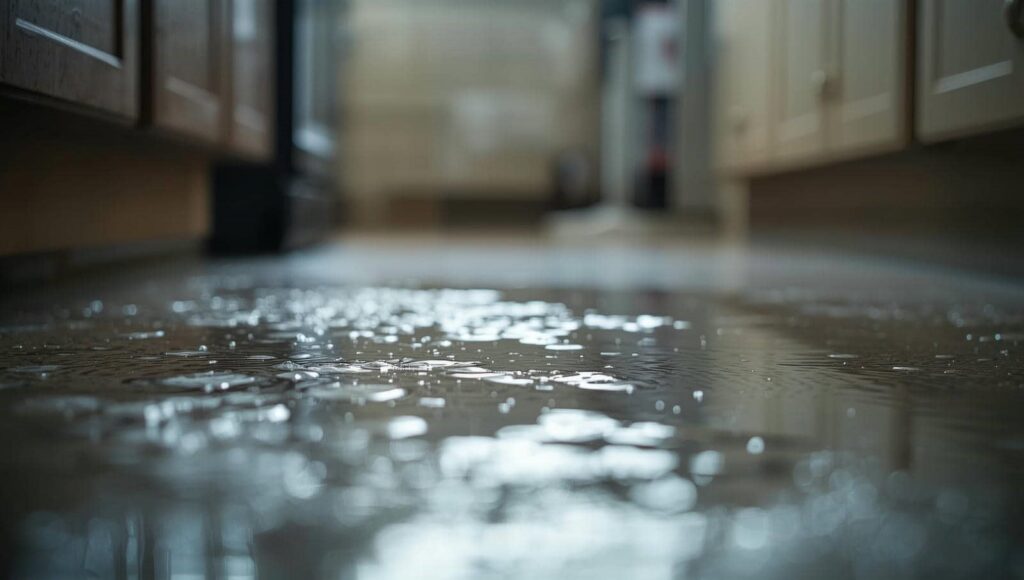 Water spilled on a kitchen floor with cabinets on both sides.