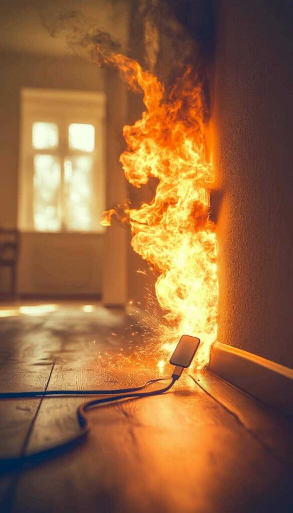 Phone charging cable sparking and causing a fire on a wall outlet.