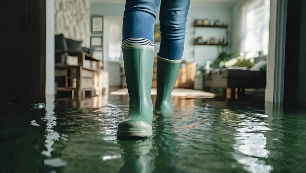 Person wearing green rain boots walking through a flooded living room.