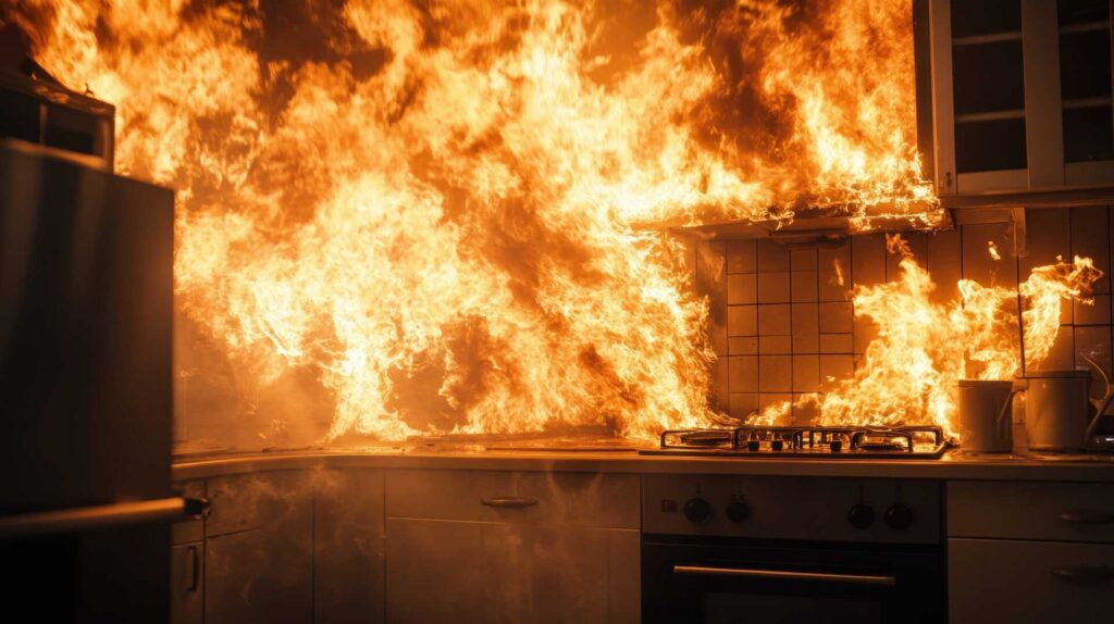 Kitchen stove and cabinets engulfed in large flames during a fire.