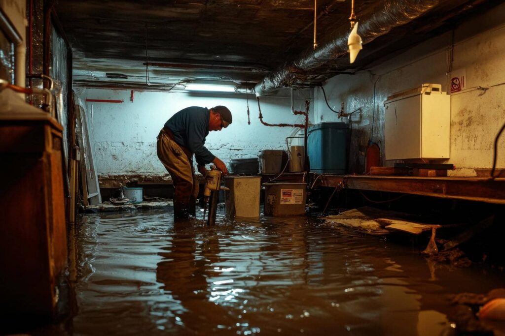 Man wearing waders uses a pump to remove water from a flooded basement.
