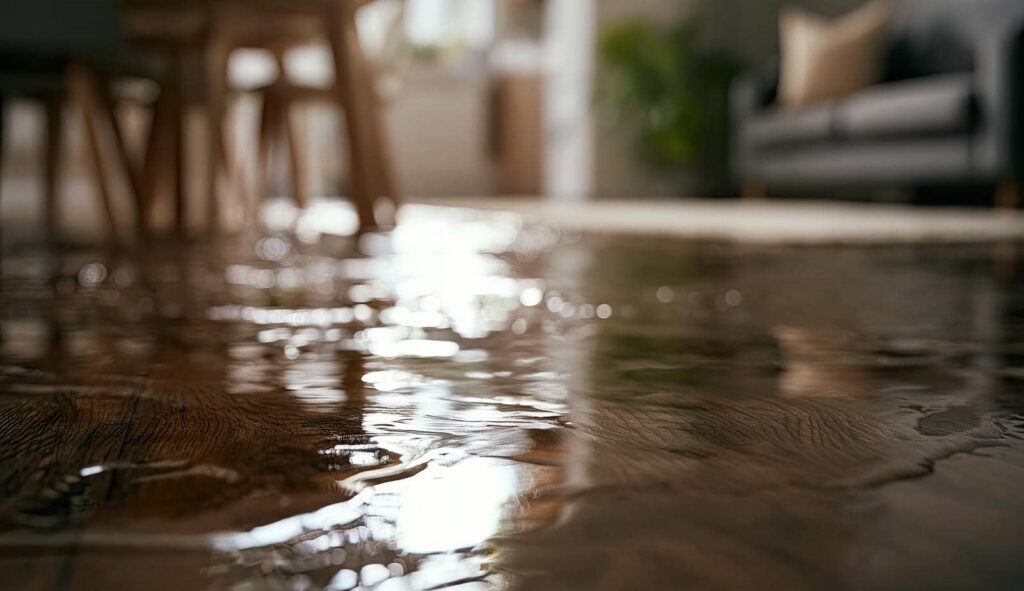 Water flooding a wooden floor inside a living room with furniture in the background.