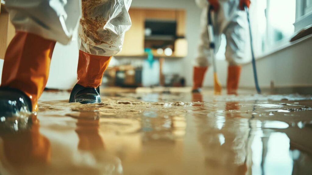 People in protective suits and orange boots standing in a flooded room with water on the floor.