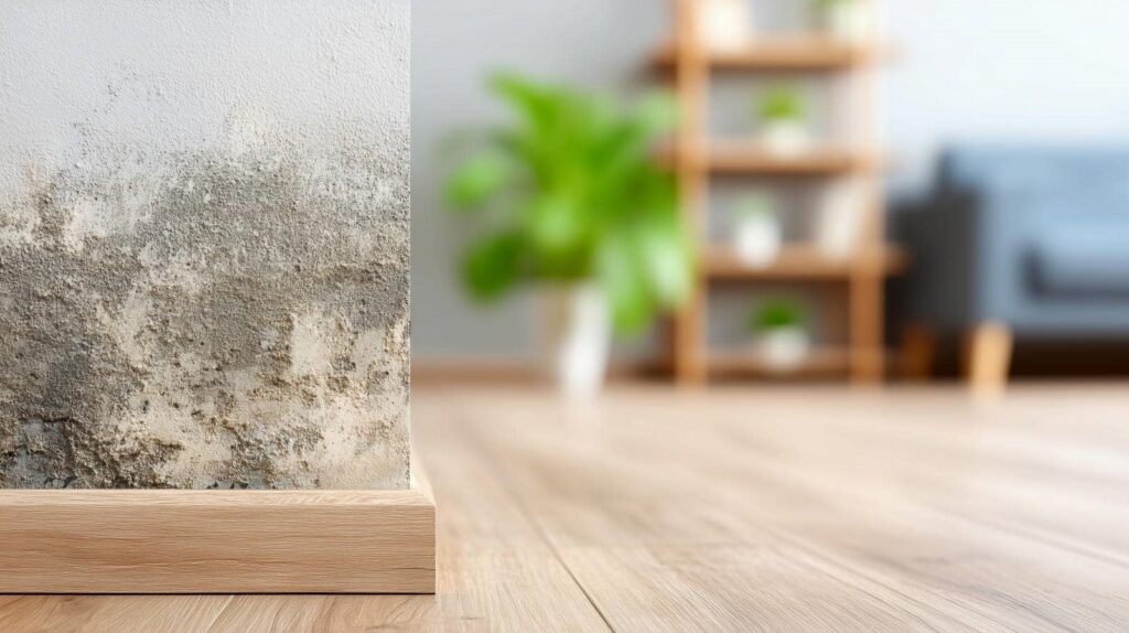 Wall corner with visible mold and water damage near wooden baseboard in a living room.