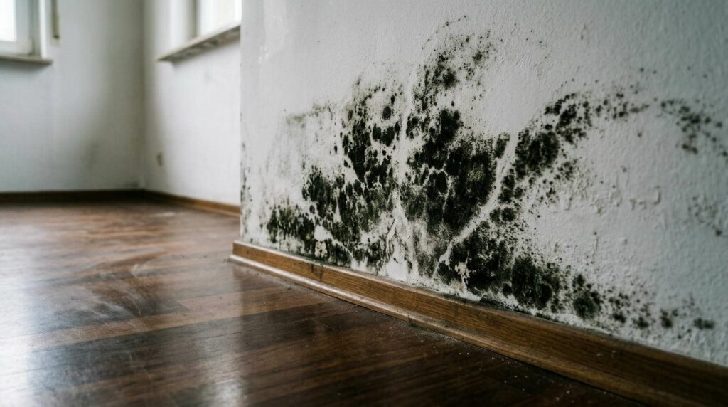 Black mold growth along the bottom of a white wall near a wooden floor.