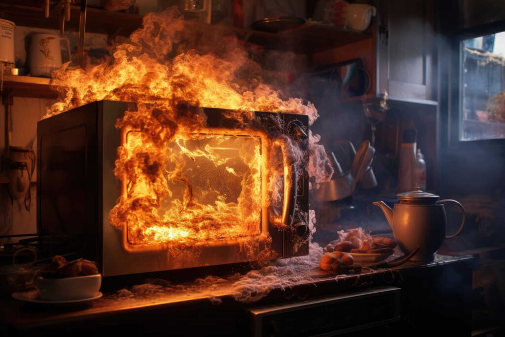 Microwave oven engulfed in flames on a kitchen counter with smoke around.