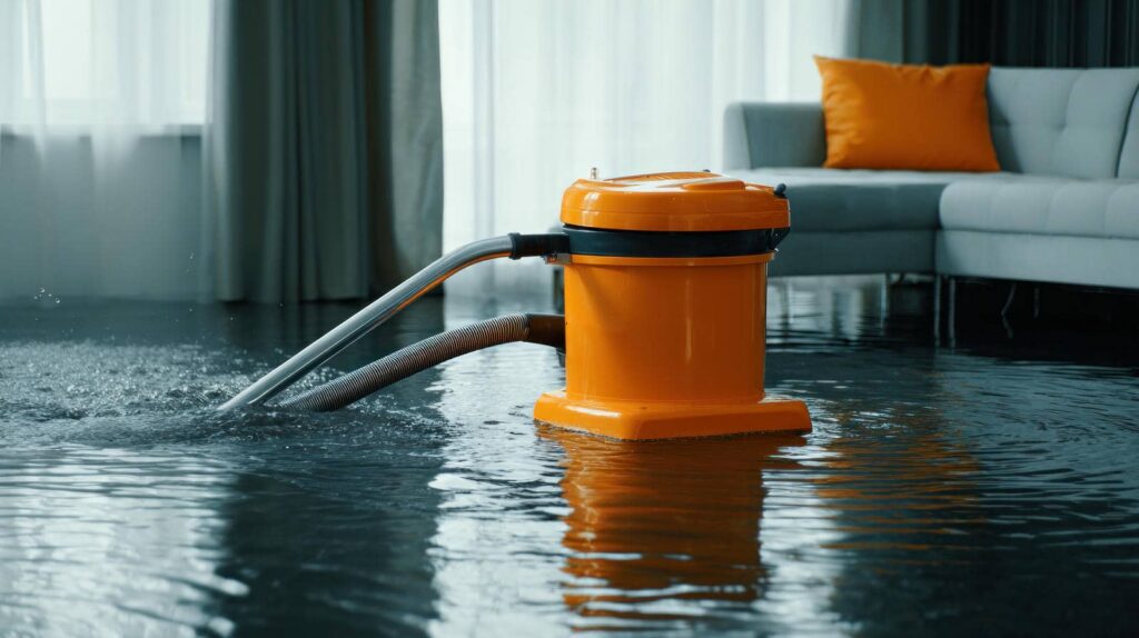 Orange water pump removing floodwater from a living room with a gray sofa and orange pillow.