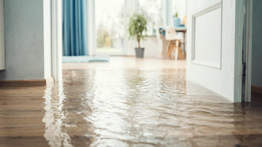 Water flooding a wooden floor inside a house near an open door.