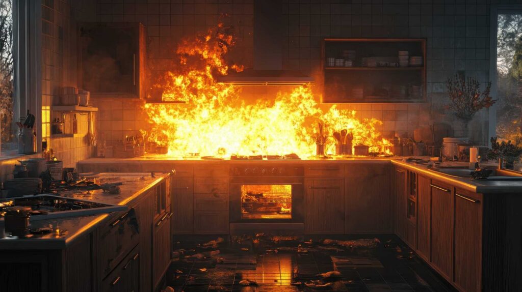 Kitchen stove engulfed in large flames with fire spreading across the countertop and oven.