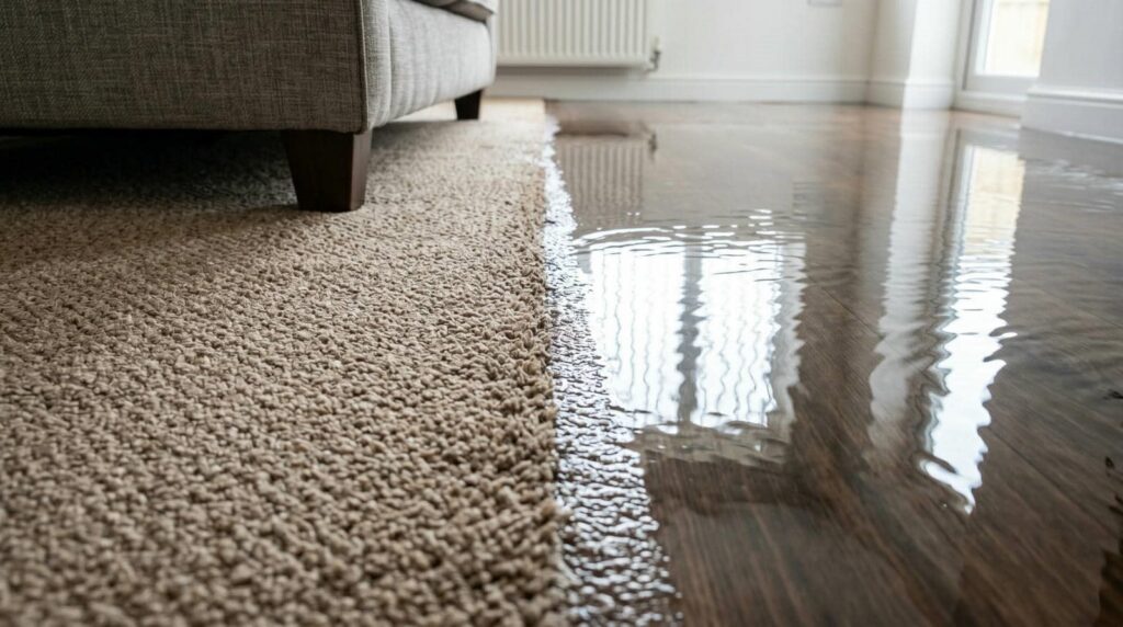 Water flooding onto a hardwood floor next to a beige carpet under a sofa.