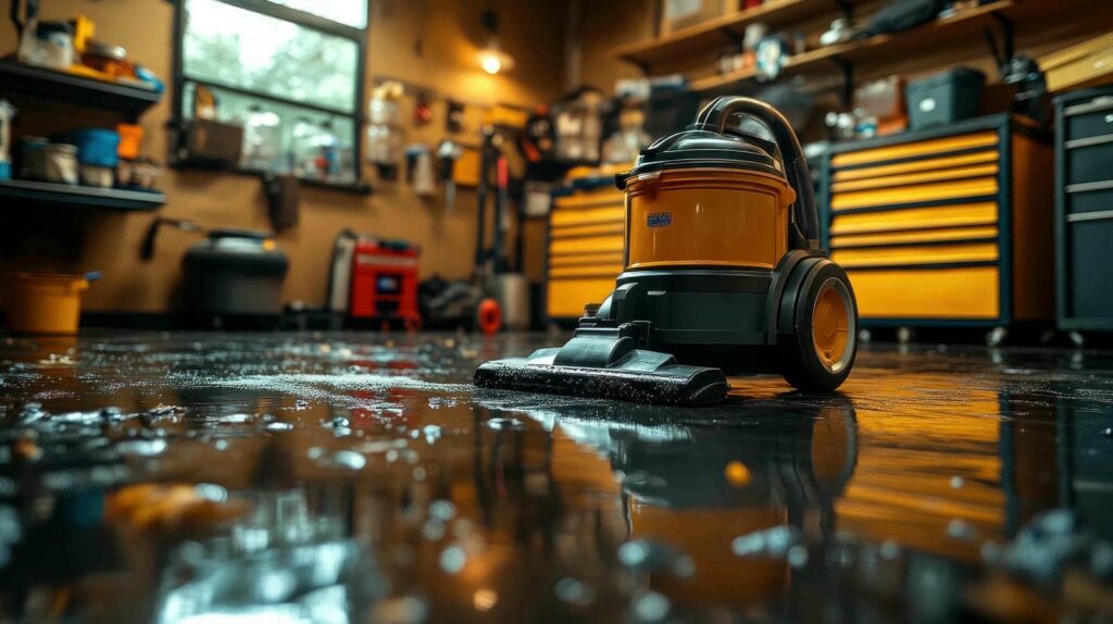 Wet floor being cleaned by an orange and black vacuum cleaner in a workshop.