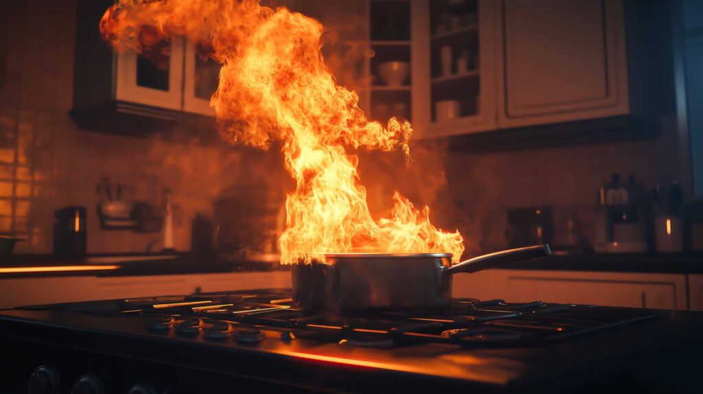 Flames erupt from a pot on a stove in a dimly lit kitchen.