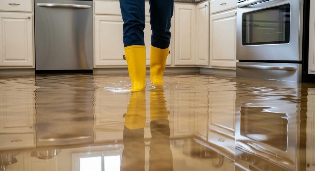 Person wearing yellow rain boots standing in a flooded kitchen with water covering the floor.