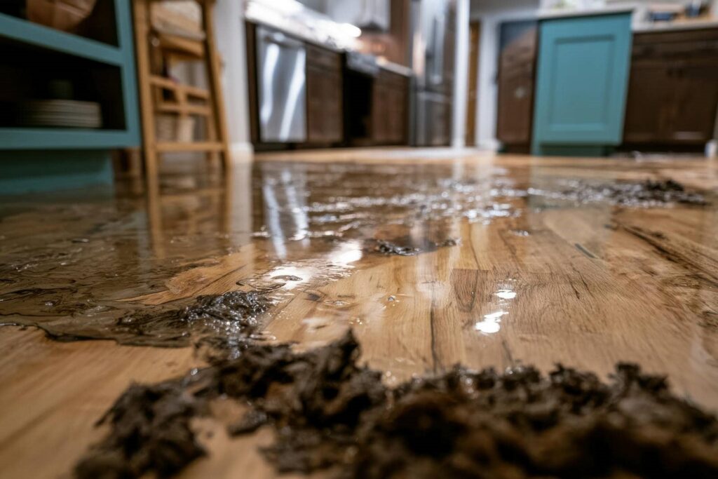 Wet and muddy hardwood floor in a kitchen with cabinets and appliances in the background.
