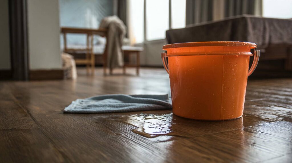 Orange bucket with water spill and a cloth on a wooden floor in a room.