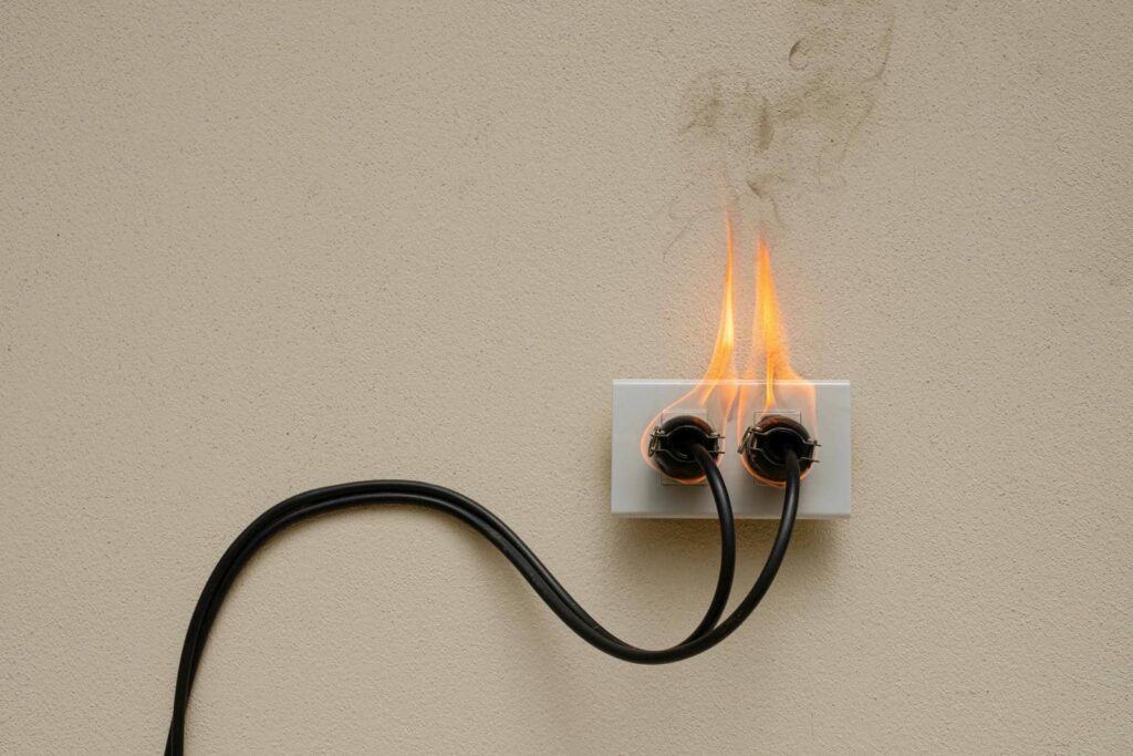 Two electrical plugs in a wall socket are on fire with visible flames and smoke.