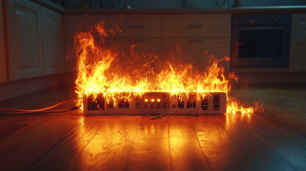 Power strip on fire on a wooden floor in a kitchen.