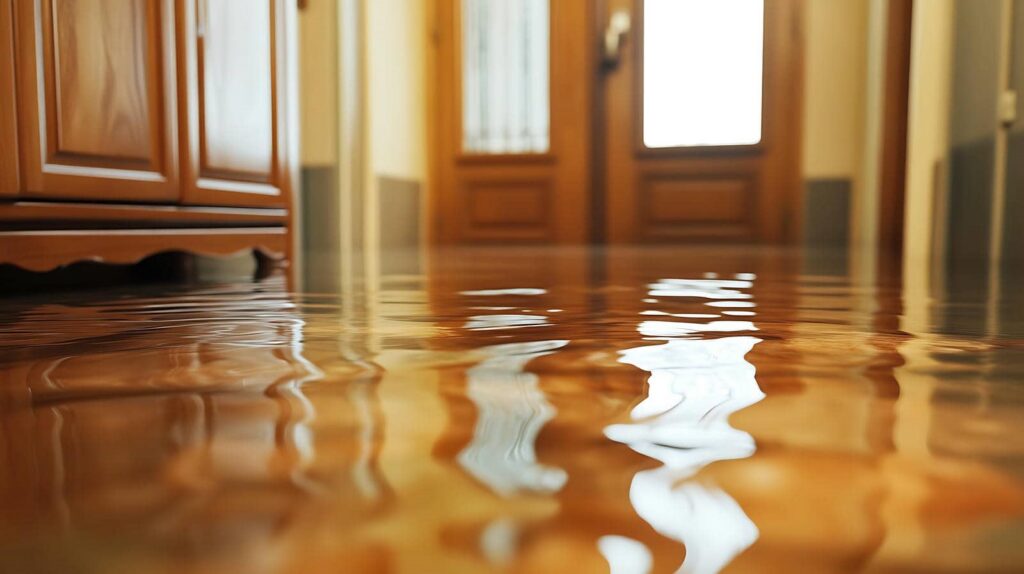 Flooded indoor hallway with water reflecting wooden doors and cabinets.
