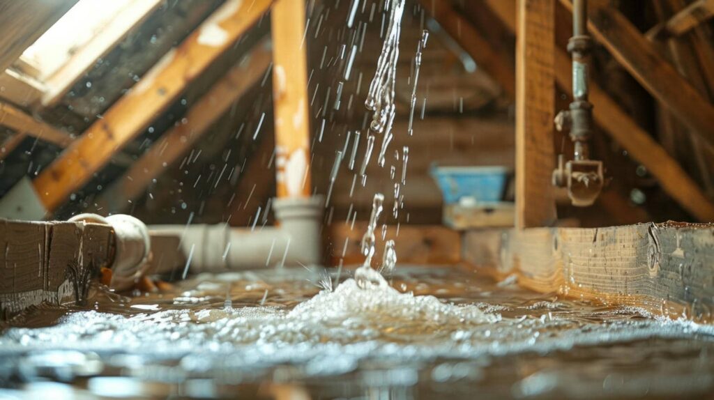 Water leaking and dripping inside a wooden attic with visible pipes.