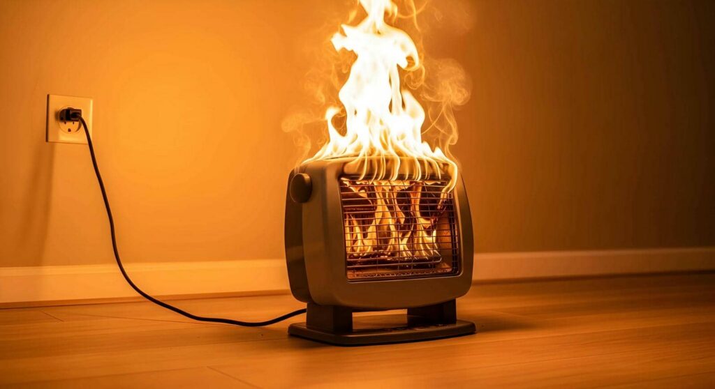 Electric heater on fire with flames rising above it on a wooden floor.