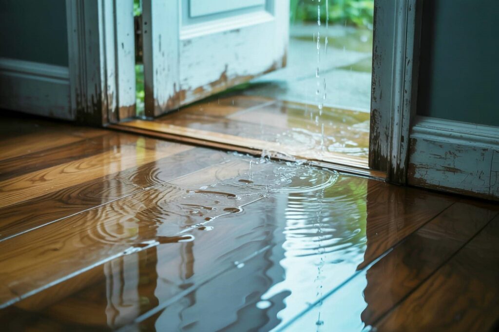 Water leaking through a damaged door onto a wooden floor inside a house.